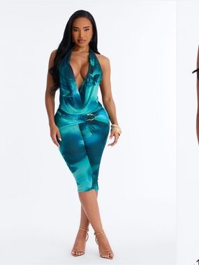 Fashion Nova Teal Cowl-Neck Capri Jumpsuit